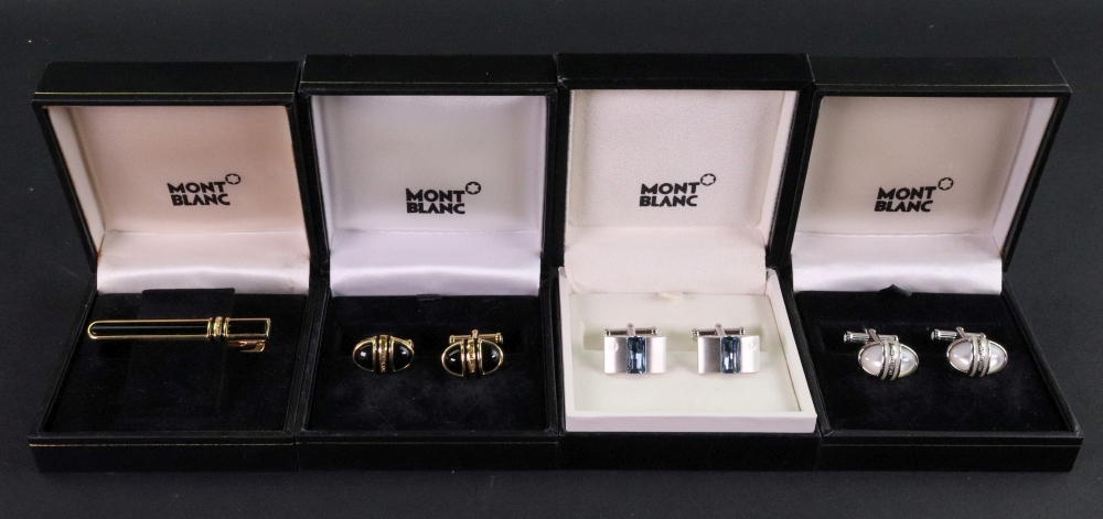 Mont Blanc; a pair of rectangular cufflinks, with a central blue stone,