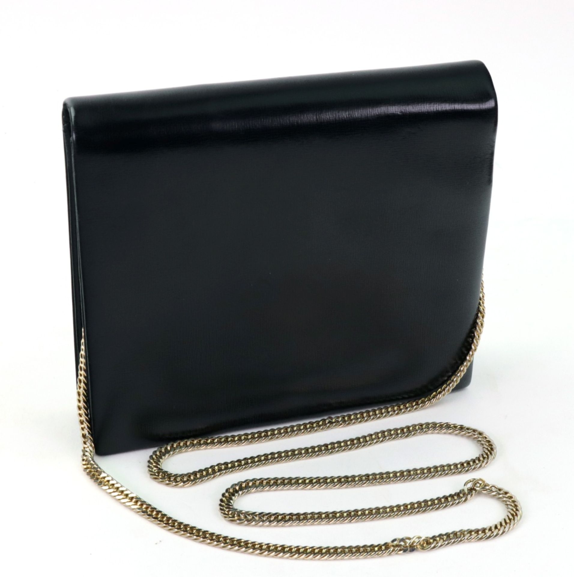 Launer, London; a black leather shoulder bag of square form, with gilt metal chain, - Image 4 of 11