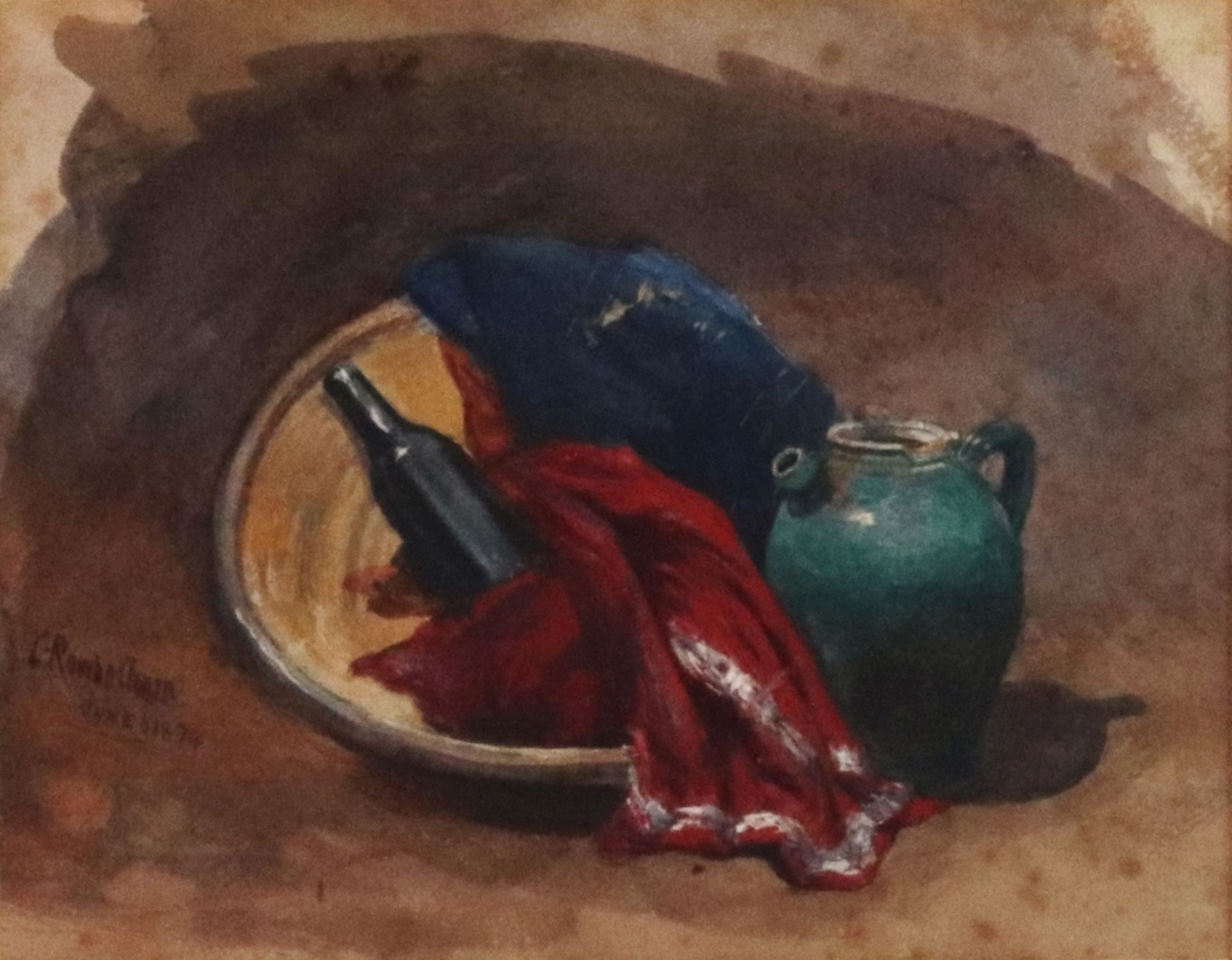 Charles Rowbotham (British, 1856-1921), Still life of a jug, bottle, shawls and a bowl, - Image 2 of 4