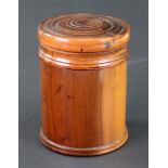 A Victorian cylindrical yewwood box, with turned pull off cover, 6.