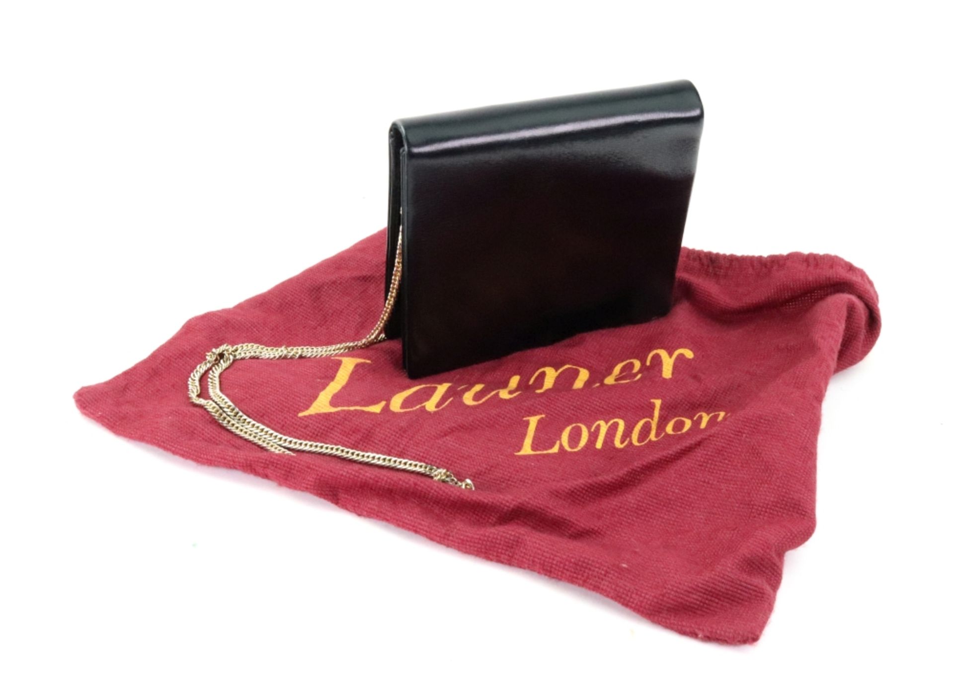 Launer, London; a black leather shoulder bag of square form, with gilt metal chain, - Image 6 of 11