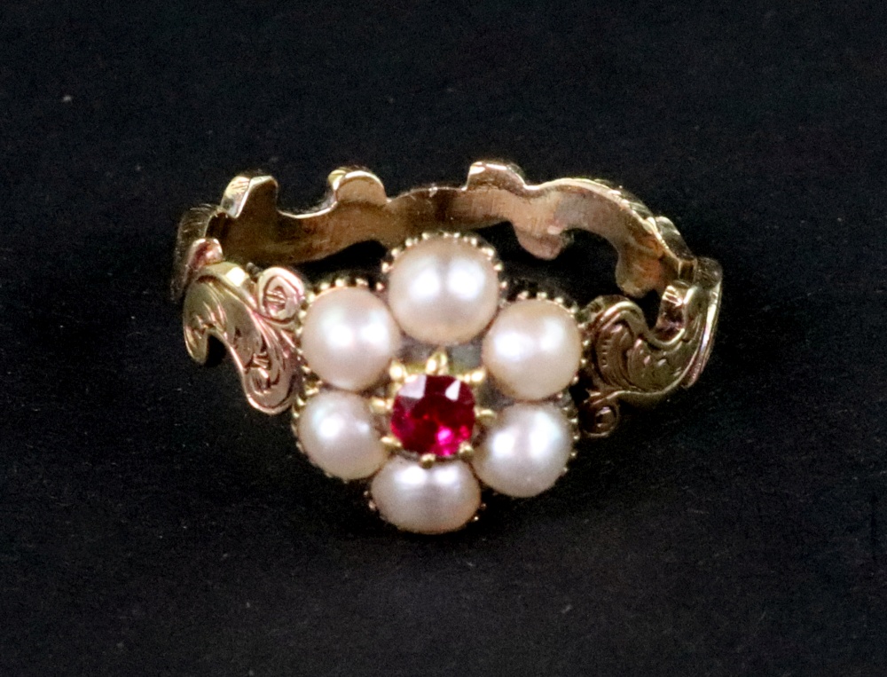 A Victorian gold, ruby and pearl cluster memorial ring,