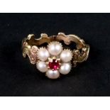 A Victorian gold, ruby and pearl cluster memorial ring,