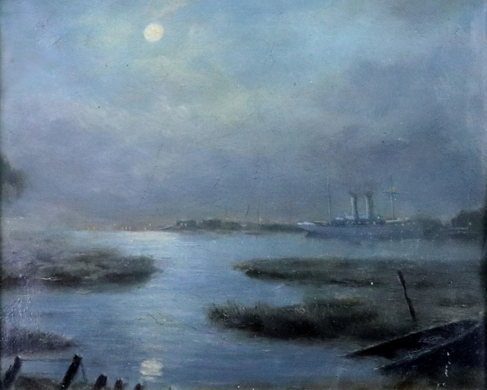 English School, late 19th/early 20th Century, A ship in an estuary on a moonlit night,