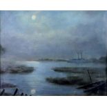 English School, late 19th/early 20th Century, A ship in an estuary on a moonlit night,