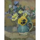 European School, 20th Century, Still life of flowers in a jug, bears Laurence Oxley label (verso),