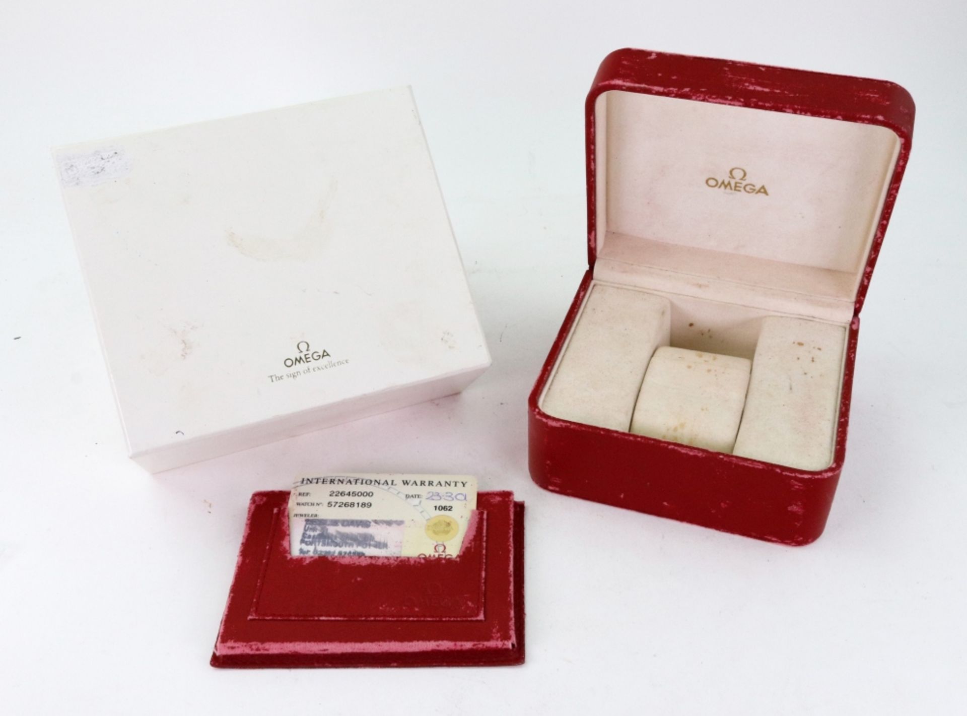 A vintage Omega red leather covered watch box,