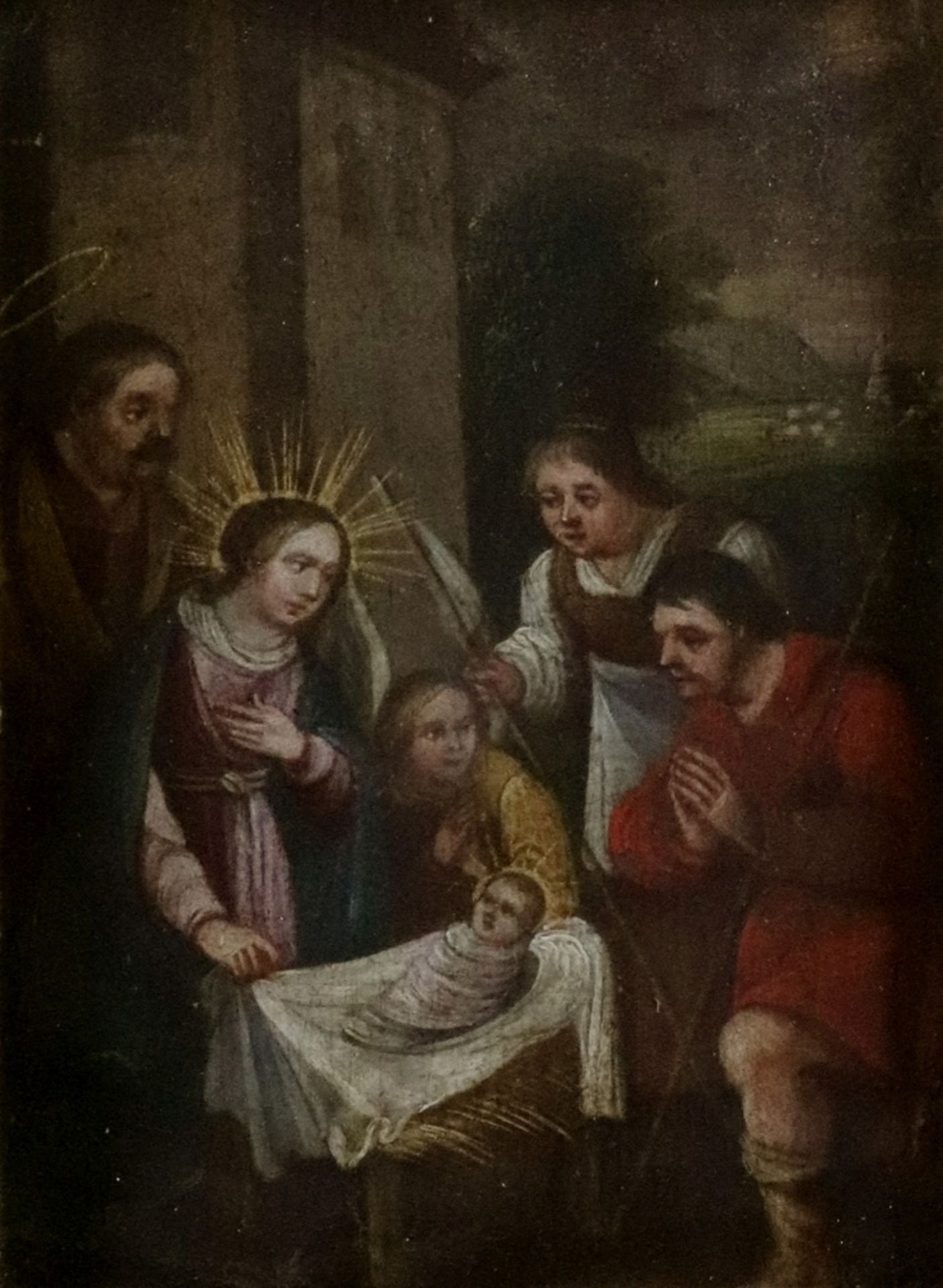 European School, 18th Century, Christ in a manger, oil on board, 15.5 x 11.5cm.
