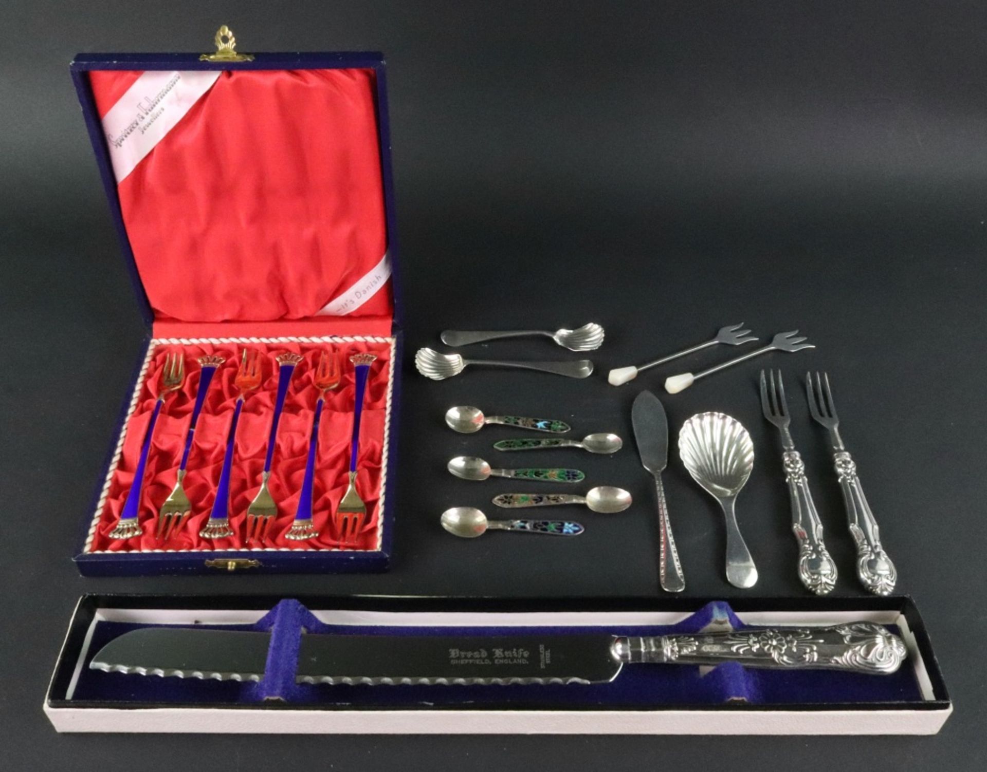 A cased set of 6 Danish silver gilt and blue enamel three prong forks, Ela, detailed sterling 925 S,