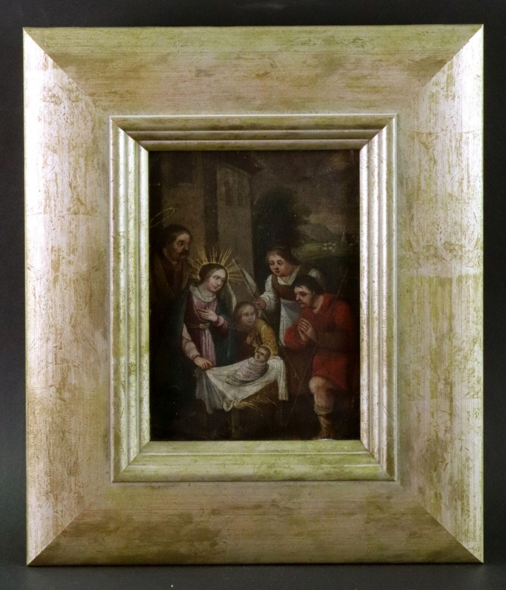 European School, 18th Century, Christ in a manger, oil on board, 15.5 x 11.5cm. - Image 2 of 6