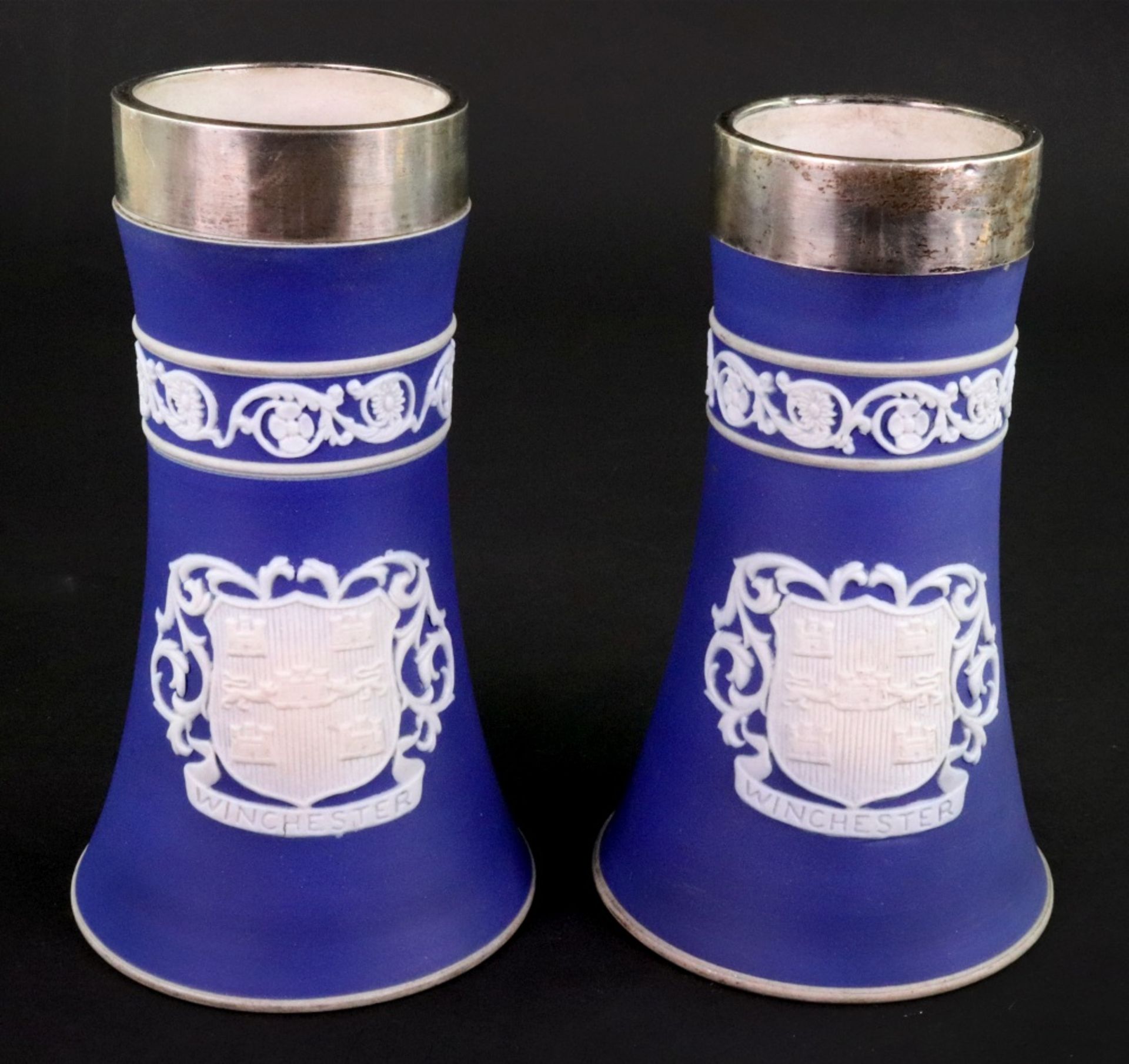 A pair of Adams blue jasper dip silver mounted spill vases, one hallmarked London 1907,