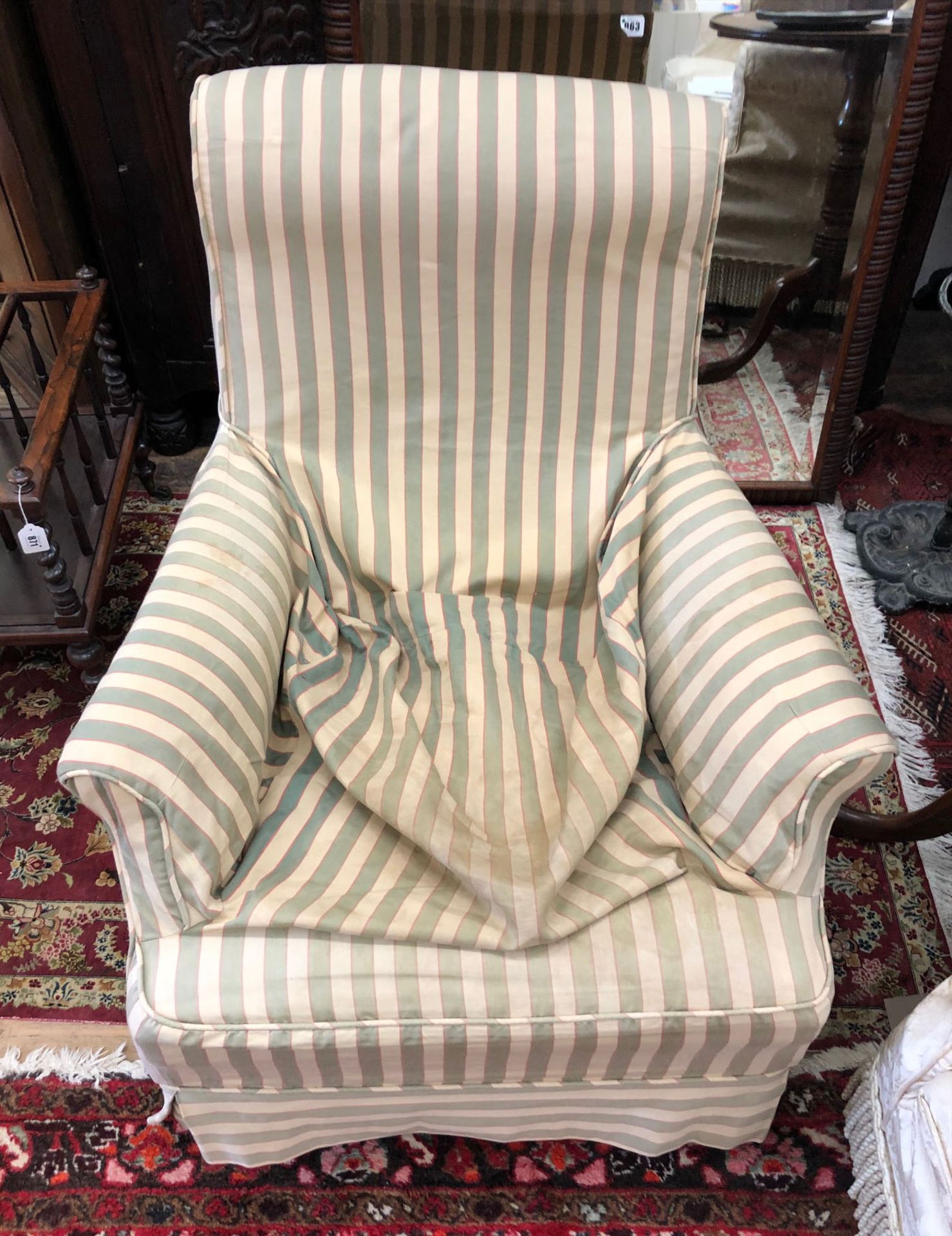 A late Victorian upholstered armchair, on turned mahogany legs and castors, - Image 4 of 8
