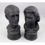 A pair of Wedgwood black basalt busts of H M Queen Elizabeth II and HRH The Duke of Edinburgh K.G.