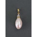 A gold, diamond and cultured pearl drop