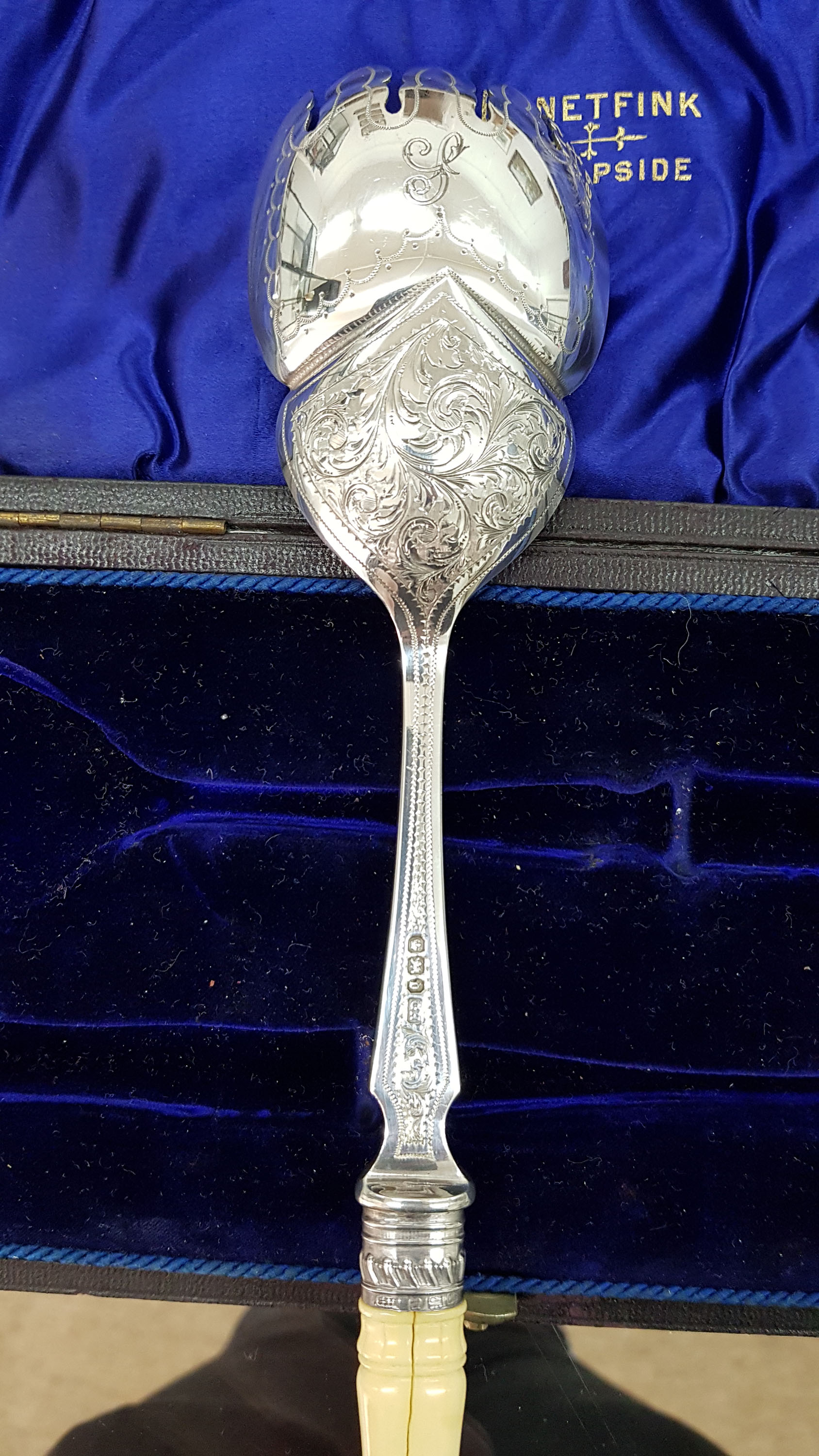 A cased pair of large late Victorian silver salad servers, Harrison Brothers & Howson, - Image 10 of 14