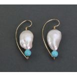 A pair of gold, freshwater baroque pearl and turquoise drop earrings,