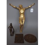 A gilt bronze figure of Jesus Christ, 29cm high, a bronze figure of a Romanesque warrior,