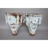 Two matching Victorian cast iron hoppers with grey/green distressed paint remnants. 39.5cm high.
