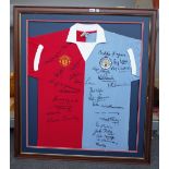 Sporting memorabilia; a framed football shirt circa 1965, Manchester Utd and Manchester City,