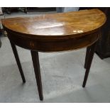 A George III inlaid mahogany demi-lune card table on tapering square supports,