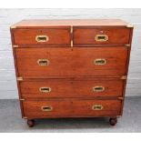 A 19th century brass bound teak two part campaign chest of two short and three long graduated