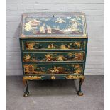 A mid-20th century green lacquer chinoiserie decorated bureau, on claw and ball feet,