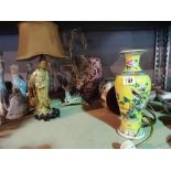 Asian ceramics and works of art including; yellow ground baluster vase, glass hung ornamental tree,