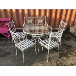 A set of four 20th century white painted metal garden chairs and a similar two seater bench, (5).