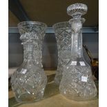 A pair of cut glass vases and two decanters, (4).