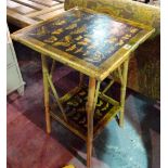 A lacquer painted bamboo side table decoupage decorated with butterflies 71cm high and another