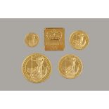 A United Kingdom Britannia gold proof four coin set 1991, comprising; one tenth of an ounce,