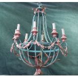 A modern painted metal eight branch chandelier of circular open frame form,