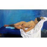 French School (20th century), Reclining nude, oil on canvas, unframed, 33cm x 55cm.