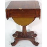 A George III rosewood drop flap work/ games table, reversible top above drawer and bag,