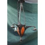 Muller Fres Luneville; an Art Nouveau silvered bronze and glass three branch chandelier,