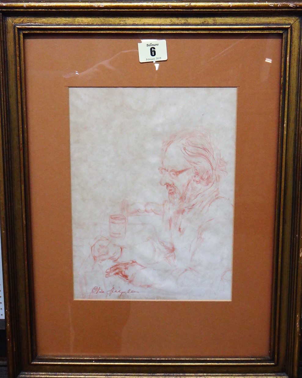 Cecile de Spiegeleir (b.1931), Portrait sketch, red chalk, signed, 25cm x 18.5cm.