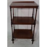 A Victorian mahogany three tier whatnot with ratchet adjustable top, 51cm wide x 93cm high.