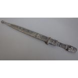 A Caucasian nelio silver kindjal, late 19th century, with double edged engraved steel blade, 33.