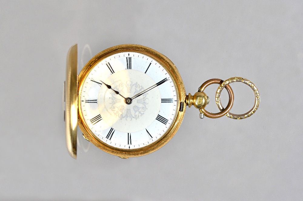 A ladies gold cased key wind half hunting cased fob watch, with a gilt jeweled cylinder movement,