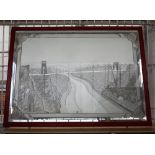 A large 19th century etched glass mirror depicting the Clifton Suspension Bridge,