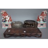 A quantity of Chinese collectables including; a pair of embroidered panels (rolled),