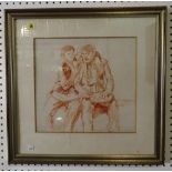 Attributed to Sir Frank Brangwyn 1867-1956, Seated figures eating, red chalk, 34cm x 36cm.