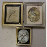 Three 19th century framed and glazed needlework panels including two of birds and a religious scene