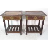 A pair of African hardwood and brass studded single drawer side tables, 60cm wide x 73cm high, (2).