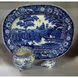 19th century English blue and white printed pottery, to include; ashets,