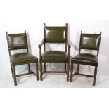 A pair of 20th century oak framed carved chairs with studded green leather upholstery together with