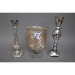 A quantity of modern silvered 'Mercury' glass ware comprising; three pairs of candlesticks, 33.