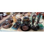 Assorted Asian hardwood stands and a bronze bell (Qtty.).