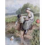 English School, late 19th Century, Two children by a stream, watercolour, 21 x 16.5cm and S. H.