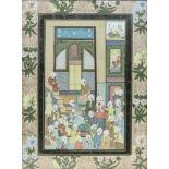 A pair of Indian Mogal pictures, 20th Century, figure scenes within floral borders, gouache,